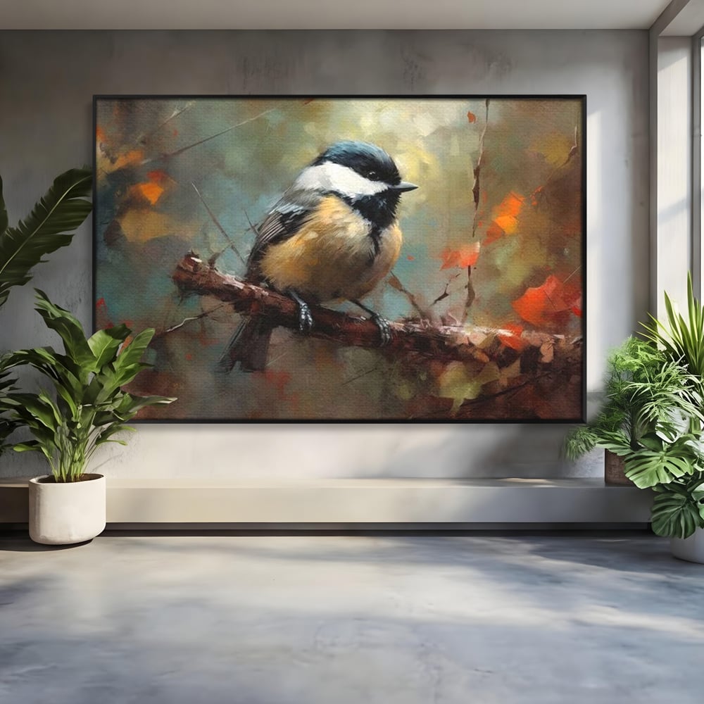 Tablou canvas cu tablou canvas cu pitigoi pe creanga, in rama de aluminiu negru